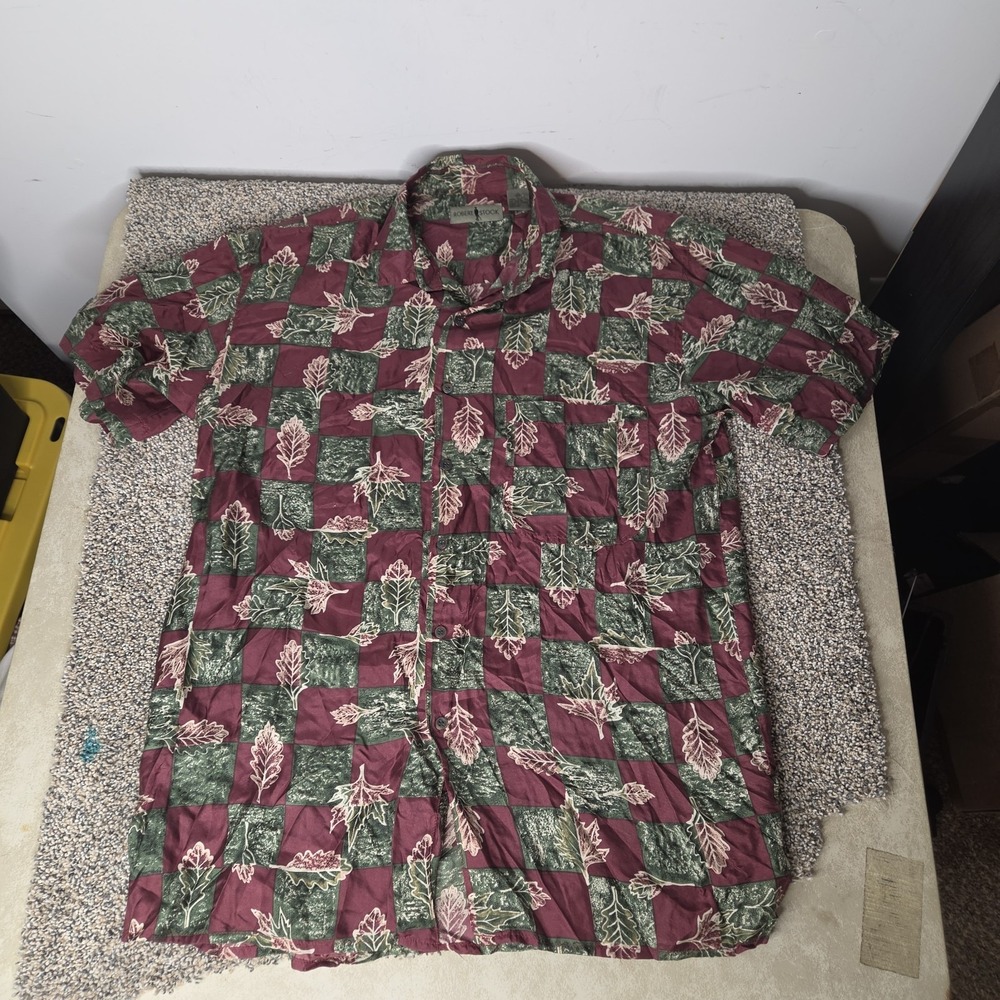 Robert Stock Mens Medium 100% Silk Short Sleeve Button Down Leaf Print Shirt